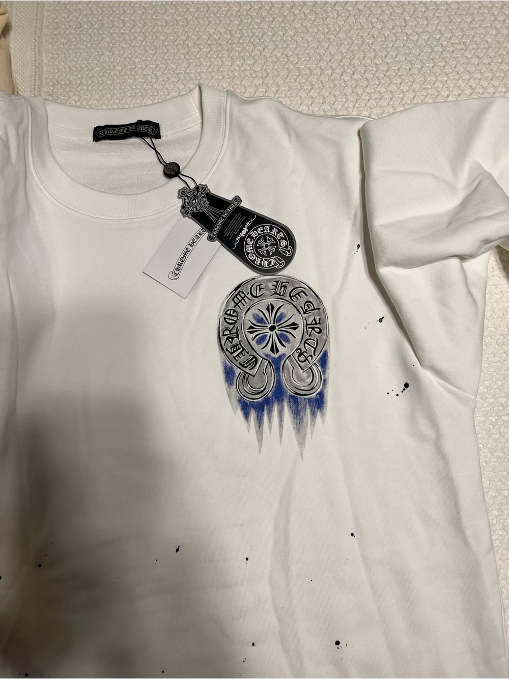 Chrome Hearts White crewneck with Blue Graphic Accents